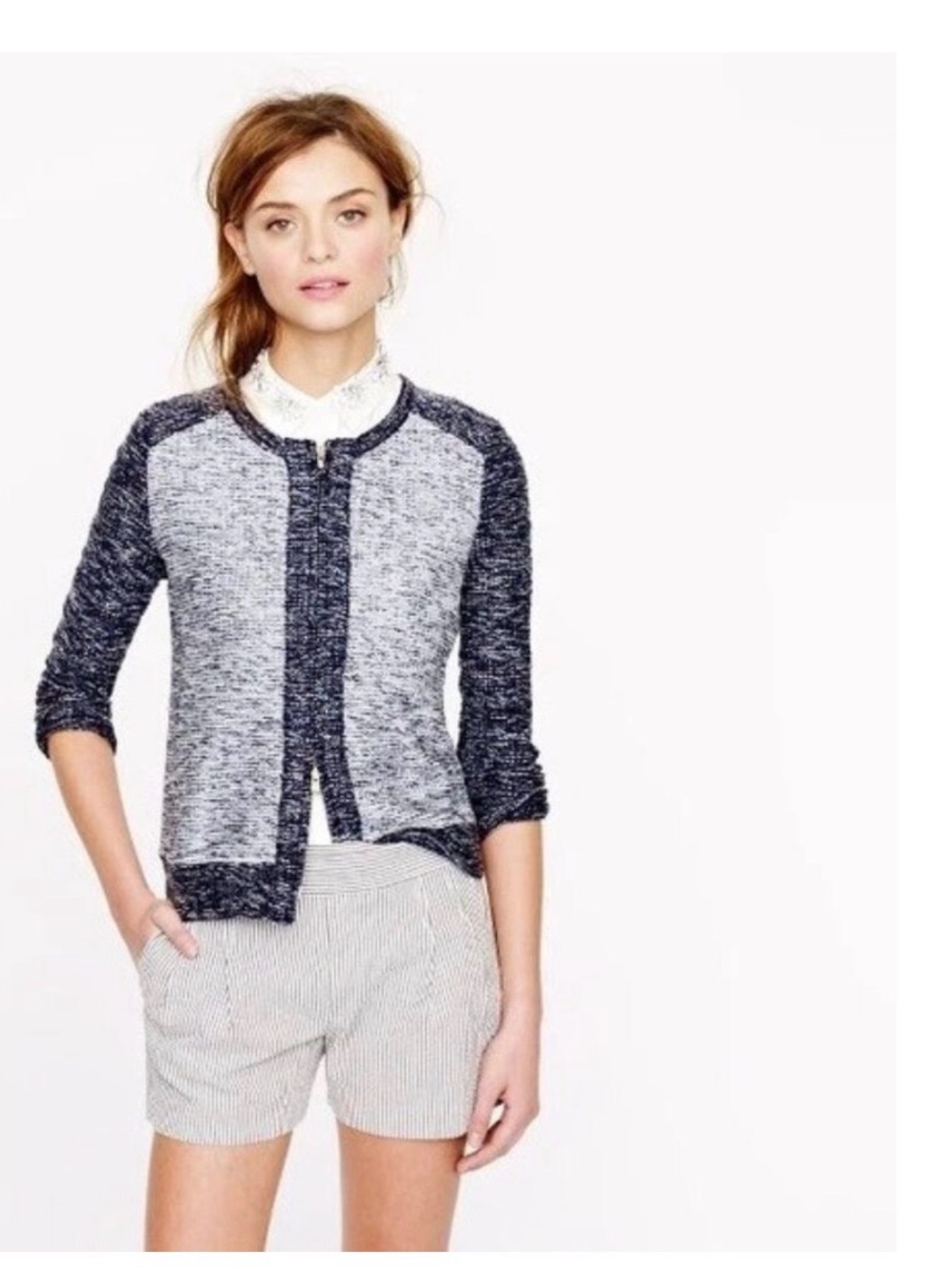 J. Crew zip up Boucle tweed jacket, indigo block. Small